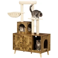PawHut Cat Litter Box Enclosure, with Tree Tower, Cat House, Hammock, Cushion - Rustic Brown(m-10)