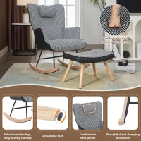 Fabric Rocking Chair with Solid Wood Legs, High Back Recliner with Footstool and Neck Pillow, 85L x 65W x 96H cm, White+Black(m-6)