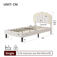 Single Upholstered Bed Frame with Adjustable Shell Headboard and RGB LED, Velvet Fabric and Solid Wood Slat, 194L x 94W x 111H cm, White(m-3)