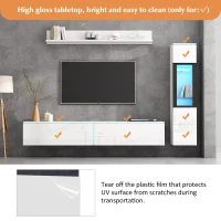 High Gloss TV Wall Unit Set with LED Lighting, Handleless Design, Includes TV Cabinet, Display Cabinet, Hanging Shelf, 457L x 84W x 76H cm, White(m-4)