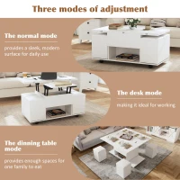 Lift-Up Coffee Table with Hydraulic Mechanism, Hidden Storage and Adjustable Height, 100L x 50W x 48H cm, White(m-5)