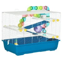 PawHut Jaula para Hámster Grande 79x46x60 cm Casa para Hámster con 3 Plataformas Tubos Comedero Bebedero 3 Rampas Rueda de Ejercicio y 2 Asas Portátiles Azul y Blanco(m-10)