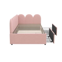 Single Velvet Daybed with Two Storage Drawers, Modern Youth Bed Frame with Wooden Slats, Easy Assembly, 202L x 97W x 73H cm, Pink(m-11)