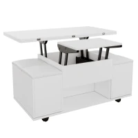Lift-Up Coffee Table with Hydraulic Mechanism, Hidden Storage and Adjustable Height, 100L x 50W x 48H cm, White(m-15)