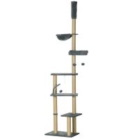 PawHut Floor to Ceiling Cat Tree for Indoor Cats, 6-Tier Play Tower Climbing Activity Center with Scratching Post, Platforms, Bed, Hammock, Adjustable Height 230-250cm, Grey(m-1)
