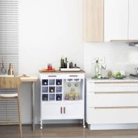 HOMCOM Rolling Kitchen Cart, Kitchen island with 9-bottle Wine Rack, Glass Holder, Serving Trolley with Wood Top, Drawer and Cabinet, White(m-2)