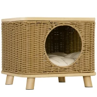 PawHut Elevated Design Wicker Cat House with Washable Cushion, Light Brown(m-10)