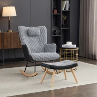 Fabric Rocking Chair with Solid Wood Legs, High Back Recliner with Footstool and Neck Pillow, 85L x 65W x 96H cm, White+Black(m-8)