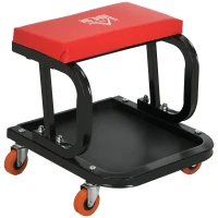 HOMCOM Sgabello da Officina Imbottito con Ruote e Vassoio Porta Attrezzi in Acciaio e PU, 38x35x37cm, Rosso(m-1)
