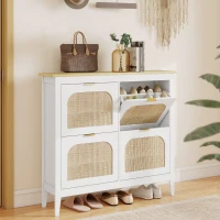 HOMCOM Mobile Scarpiera per 20 Paia di Scarpe con 4 Cassetti Ribaltabili in Legno e Rattan, 105x24x95,5 cm, Bianco(m-2)