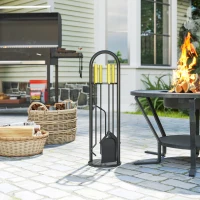 Outsunny Set Utensili per Camino di 5 Pezzi in Metallo con Scopa Paletta Pinze Attizzatoio e Supporto 20x20x71 cm Dorato(m-2)