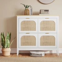 HOMCOM Mobile Scarpiera per 20 Paia di Scarpe con 4 Cassetti Ribaltabili in Legno e Rattan, 105x24x95,5 cm, Bianco(m-4)