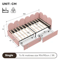Single Velvet Daybed with Two Storage Drawers, Modern Youth Bed Frame with Wooden Slats, Easy Assembly, 202L x 97W x 73H cm, Pink(m-3)