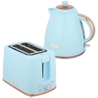 HOMCOM 1.7L 3000W Fast Boil Kettle & 2 Slice Toaster Set, Kettle and Toaster Set with Auto Shut Off, Browning Controls, Light Blue(m-1)