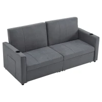 Convertible Fabric Sofa Chair with Cup Holders and Side Pockets, King Size Independent Pull Out Sofa Bed, 207L x 87W x 96H cm, Gray(m-18)