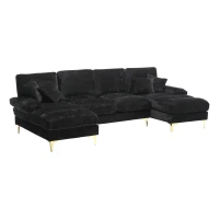 U-Shaped Modular Sofa with Pillows, Double Chaise, Rubber Pads, Chenille Fabric Sectional Couch for Living Room, 272L x 136W x 88H cm, Black(m-12)