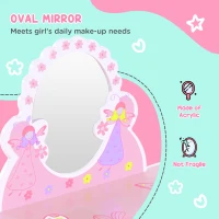 HOMCOM Kids Dressing Table Girls Pink Wooden Dressing Table & Stool Make Up Desk Chair Toys Fairy Dresser Play Set w/Mirror(m-6)