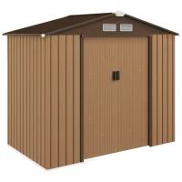Outsunny 7 x 4ft Lockable Metal Garden Tool Storage Shed, Outdoor Storage Shed with Foundation and vents, Light Brown(m-1)