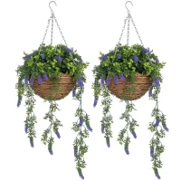 HOMCOM Set of 2 Decorative Artificial Plants, Faux Silk Lavender Flowers in Hanging Baskets, Fake Plants for Home Indoor Outdoor Decor, Purple(m-10)