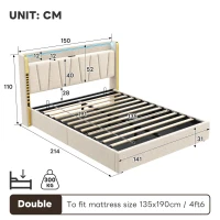 Double Upholstered Bed Frame with Hydraulic Storage, LED Headboard with USB and Type-C Charging Ports, 214L x 150W x 110H cm, Beige(m-3)