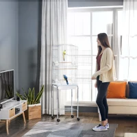 PawHut Bird Cage Budgie Cages for Finch Canary Parakeet with Stand Wheels Slide-out Tray Accessories Storage Shelf, White 46.5 x 36 x 157 cm(m-7)