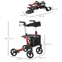 HOMCOM Folding Rollator Walker with Seat and Back, Lightweight Walking Frame with Removable Storage Bag, Dual Brakes, Adjustable Handle, 4 Wheeled Walker for Elderly, Handicapped, Red(m-3)