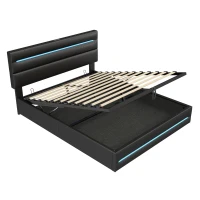 Double Upholstered Bed Frame with Hydraulic Storage, LED Adjustable Headboard with USB Ports, 200L x 145W x 110H cm, Black(m-11)