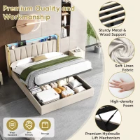 Double Upholstered Bed Frame with Hydraulic Storage, LED Headboard with USB and Type-C Charging Ports, 214L x 150W x 110H cm, Beige(m-6)
