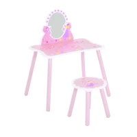 HOMCOM Kids Dressing Table Girls Pink Wooden Kids Dressing Table & Stool Make Up Desk Chair Toys Fairy Dresser Play Set w/Mirror(m-10)