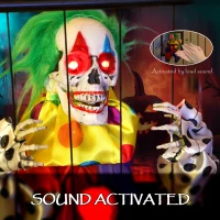 Outsunny Halloween Animated Hinging Clown in Cage with Glowing LED Eyes, Spooky Clown Scary Halloween Decorations, Battery Operated, Indoor Party Props(m-6)