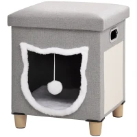 PawHut 2 en 1 Reposapiés Cama para Gatos con Cojín Extraíble Bola Colgante y Almohadilla para Rascar 35,5x35,5x42,5 cm Gris(m-10)
