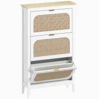 HOMCOM Mueble de zapatos 21 pares bohemio con 3 cajones abatibles, puertas de ratán, 80 x 24 x 131 cm, blanco(m-1)