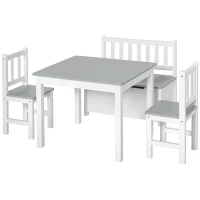 HOMCOM 4-Piece Kids Table and Chair Set with 2 Wooden Chairs, 1 Storage Bench, and Interesting Modern Design, Grey/White(m-10)