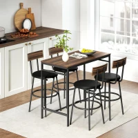 HOMCOM Set de Mesa Alta de Bar de 5 Piezas con 4 Taburetes, Diseño Industrial, para Cocina, Comedor, Madera, Acero, Marrón(m-4)