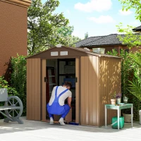 Outsunny 7 x 4ft Lockable Metal Garden Tool Storage Shed, Outdoor Storage Shed with Foundation and vents, Light Brown(m-12)