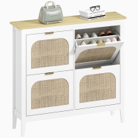 HOMCOM Mobile Scarpiera per 20 Paia di Scarpe con 4 Cassetti Ribaltabili in Legno e Rattan, 105x24x95,5 cm, Bianco