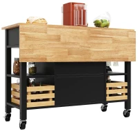 Rolling Kitchen Island Trolley with Adjustable Shelf, Spice Rack and 3 Drawers, Smooth-Rolling Casters for mobility, 120L x 45W x 90H cm, Black(m-12)