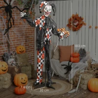 Outsunny 183 cm Life Size Halloween Animated Clown & Skull Staff with Red Light Up Eyes, Sound Activated Moving Arms & Head, Scary Clown Halloween Decorations, Battery Operated, Indoor Party Props(m-3)