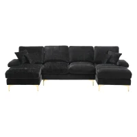 U-Shaped Modular Sofa with Pillows, Double Chaise, Rubber Pads, Chenille Fabric Sectional Couch for Living Room, 272L x 136W x 88H cm, Black(m-2)