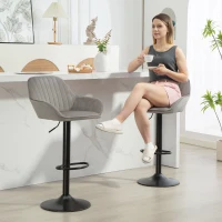HOMCOM Lote de 2 taburetes de bar, sillas de bar de terciopelo con respaldo, reposapiés, altura ajustable y giratorias gris(m-4)