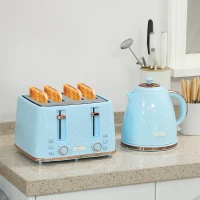 HOMCOM Kettle and Toaster Set, 1.7L 3000W Fast Boil Jug Kettle, 4 Slice Toaster with 7 Level Browning Controls, Light Blue(m-2)