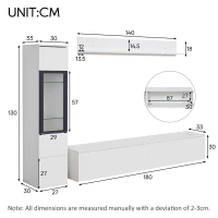 High Gloss TV Wall Unit Set with LED Lighting, Handleless Design, Includes TV Cabinet, Display Cabinet, Hanging Shelf, 457L x 84W x 76H cm, White(m-3)