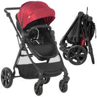 HOMCOM Foldable Baby Stoller, with Reclining Backrest, Adjustable Canopy, for Ages 0-36 Months - Red(m-1)