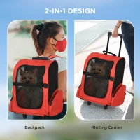 PawHut Pet Travel Backpack Bag Cat Puppy Dog Carrier w/ Trolley and Telescopic Handle Portable Stroller Wheel Luggage Bag (Red)(m-4)