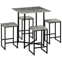 HOMCOM 5pc Bar Table Set, Square Dining Table Set for 4 People, Home Kitchen Breakfast Bar Set with Steel Frame and Footrest, Concrete Grey(m-1)