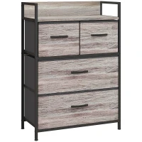 HOMCOM Rustic Chest of Four Fabric Drawers - Grey Wood Effect(m-1)