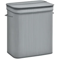 HOMCOM 100 L Wäschekorb aus Bambus, mit Deckel und herausnehmbarem Innenfutter, faltbarer Kleiderkorb, wasserabweisend, Grau(m-10)