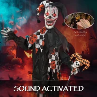 Outsunny 183 cm Life Size Halloween Animated Clown & Skull Staff with Red Light Up Eyes, Sound Activated Moving Arms & Head, Scary Clown Halloween Decorations, Battery Operated, Indoor Party Props(m-5)