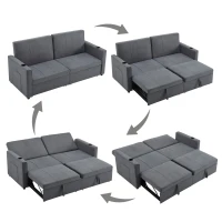 Convertible Fabric Sofa Chair with Cup Holders and Side Pockets, King Size Independent Pull Out Sofa Bed, 207L x 87W x 96H cm, Gray(m-16)