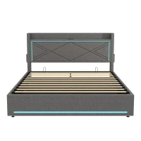 Double Upholstered Bed Frame with Hydraulic Storage, LED Lighting, USB and Type-C Charging Station, 210L x 141W x 110H cm, Grey(m-11)